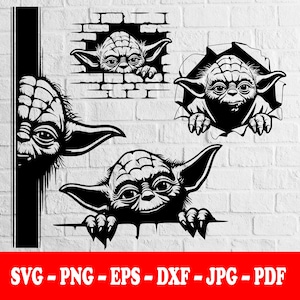 May include: A black and white graphic design featuring four illustrations of a small creature with large pointed ears and wrinkled skin, peeking from behind a vertical bar, a brick wall, a torn paper edge, and a horizontal ledge. Text reads SVG-PNG-EPS-DXF-JPG-PDF.