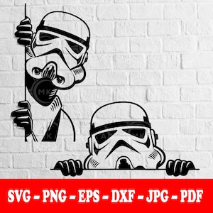 May include: A black and white graphic design featuring two stormtrooper helmets. One helmet is positioned vertically on the left, peeking from behind a line, while the second helmet is positioned horizontally at the bottom. Text reads SVG-PNG-EPS-DXF-JPG-PDF.