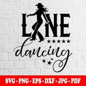 Op de afbeelding: Een zwart grafisch ontwerp met de tekst LINE DANCING en een silhouet van een persoon met een cowboyhoed en laarzen geïntegreerd in de letter I. Het ontwerp bevat vijf sterren op een rij en drie kleinere sterren onder het woord dancing.