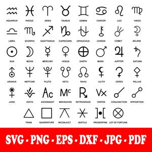 Puede incluir: Una colección de símbolos astrológicos y astronómicos negros dispuestos en una cuadrícula, cada uno etiquetado con su nombre en texto negro. La sección inferior muestra los formatos de archivo SVG, PNG, EPS, DXF, JPG y PDF en texto blanco sobre un fondo rojo.