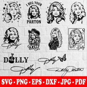 Puede incluir: Una colección de ilustraciones digitales en blanco y negro con retratos de Dolly Parton, el texto I BEG YOUR PARTON, Dolly y Dolly Parton, un gráfico de guitarra, una mariposa y un diseño de carta de juego con la letra Q y un corazón.