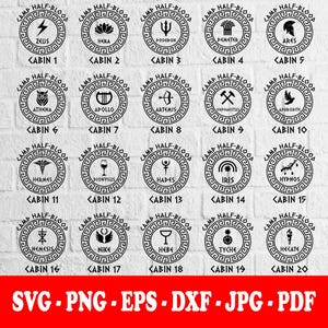 May include: A collection of twenty black circular graphic designs featuring Greek mythology symbols, each surrounded by the text Camp Half-Blood and a specific cabin number. The icons represent deities like Zeus, Hera, and Poseidon in a clean, bold style.