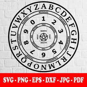 May include: A circular black and white graphic design featuring the alphabet in a ring, followed by days of the week, numbers zero through nine, and a central ring with the words yes, no, maybe, unsure, north, south, east, west, and a pentagram.