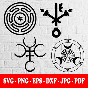 May include: A digital graphic set featuring four black symbols on a white background. The designs include a circular labyrinth, a key with two torches, a triple crescent moon cross, and a circular emblem with the text HEKATE and moon phases.