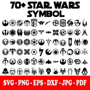 Może przedstawiać: Kolekcja ponad 70 czarnych symboli Star Wars oraz ikon hełmów postaci ułożonych w siatkę. Na górze widnieje napis 70+ STAR WARS SYMBOL, a na dole w kolorze białym wymieniono formaty plików: SVG, PNG, EPS, DXF, JPG oraz PDF.