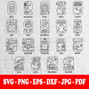 Puede incluir: Una colección de diecinueve iconos de arte lineal negro que representan glifos del calendario maya, cada uno etiquetado con nombres como MOL, KANKIN, POP, KEH, CHEN, SIP, WO, KUMKU, SEK, PAX, SOTZ, WAYEB, YAXKIN, YAX, MAK, XUL, SAK, MUWAN y KAYAB.