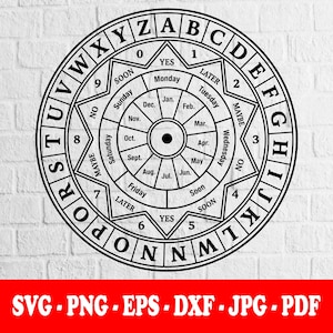 May include: A circular black and white graphic design featuring an outer ring of letters A through Z, a middle ring with numbers 0 through 9 and words like YES, LATER, MAYBE, and SOON, and an inner section with days of the week and months.
