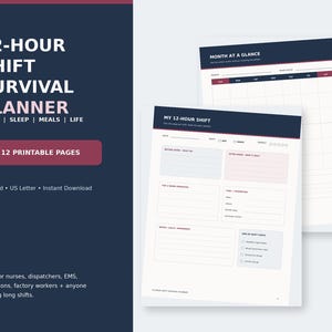 12-Hour Shift Planner Printable, Work Sleep Meal and Life Organizer for Shift Workers