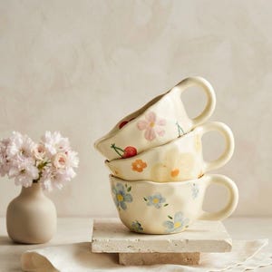 Taza de café de cerámica hecha a mano con diseños florales, de cerezas y tulipanes (201-300 ml)