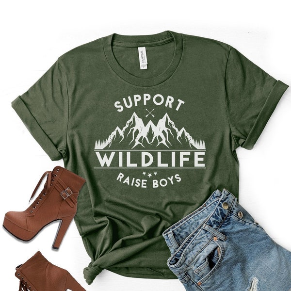 Support Wildlife Raise Boys Shirt for Mom, Personalized Mom Life T-Shirt, Short Sleeved Tshirt for Mama, Custom Mother's Day Gift