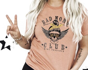 Women's Funny Shirt with Saying Bad Moms Club Printed on a Heather Orange Tshirt, Skull Headband Wings Mom Life Wine T-Shirt, Sarcastic Tees