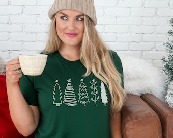 Cute Womens Christmas Shirt with 5 Doodle Christmas Trees Printed on a Forest Green T-Shirt, Christmas Vacation T-Shirts, Winter Holiday Top