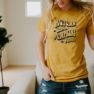 Süßes Herbst Damen Shirt mit Spruch Herbst Blätter und Kürbisse Bitte gedruckt auf einem Oversized Soft Baumwoll Tshirt, Retro Plus Size Kleidung
