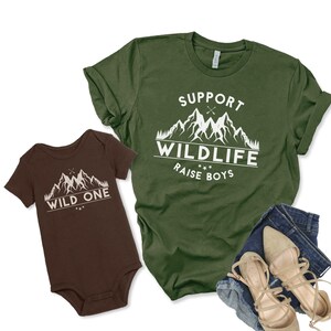 Mommy and Me Shirts with Saying Support Wildlife Raise Boys and Wild One Printed on Military Green and Brown Tshirts, Mother Son Outfits