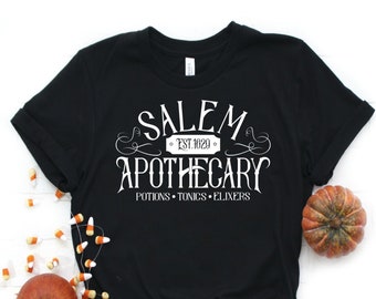 Womens Halloween Shirt with Saying Salem Apothecary Printed in White on Soft Black Boyfriend Style Cotton Fall T-shirt, Small to Plus Sizes