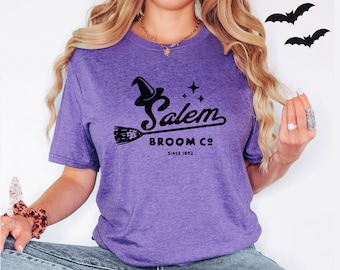 Women Halloween Shirt with Saying Salem Broom Co Printed in Black on a Heather Purple Fall T-shirt, Witch Halloween Plus Size Clothing