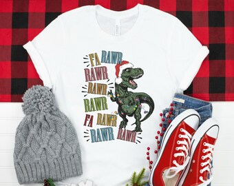 Dinosaur Christmas Shirts For Adults and Kids with Saying Fa Rawr Rawr Printed on a T-Shirt, Funny Christmas Matching Family Shirts
