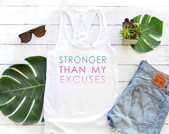 Motivational Workout Tanks for Women, TShirts with Sayings Stronger Than my Excuses, Gym Shirt for Crossfit Weight Lifting Strength Training