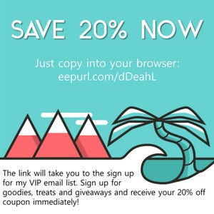 May include: A turquoise blue background with a white text overlay that says "SAVE 20% NOW". Below the text is a link to eepurl.com/dDeahL. The image also features a cartoon illustration of a palm tree and mountains in front of a wave.