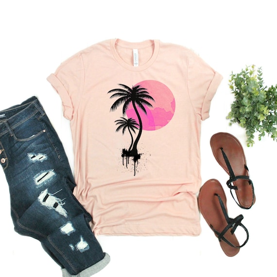 Beach Shirts for Women with a Pink Sunset and Black Silhouette Palm Trees Printed on a Heather Peach T Shirt, Swimsuit Coverup Cruise Shirt Beach Shirts for Women with a Pink Sunset and Black Silhouette Palm Trees Printed on a Heather Peach T Shirt, Swimsuit Coverup Cruise Shirt