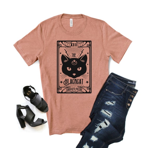 Womens Halloween Shirt with The Black Cat Tarot Card Printed in Black on Heather Sunset Orange Fall T-shirt, Fortune Telling Witch Tshirt