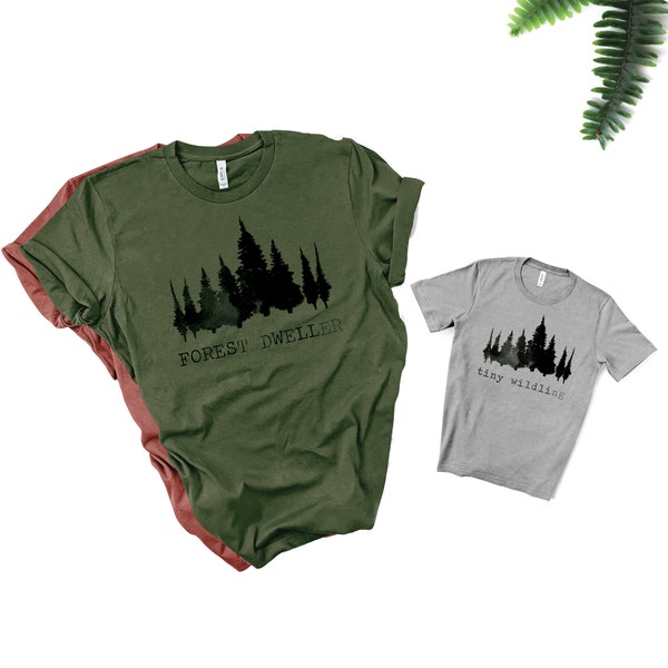 Hiking Mommy and Me Outfits, T-shirt with Sayings Forest Dweller, Family Camping Graphic Tee, Matching Nature Shirt for Mom and Son Daughter