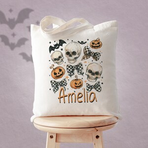 Cute Personalized Trick or Treat Bag, Halloween Canvas Tote Bag Aesthetic, Coquette Bows Bats Skulls Jack-o-Lantern, Pumpkin Patch Corn Maze