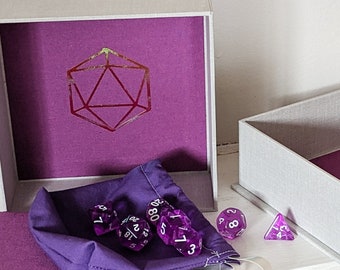 Beige and Purple Dice Box with Holographic d2o Print, Notebook, Set of 7 Dice and Drawstring Bag