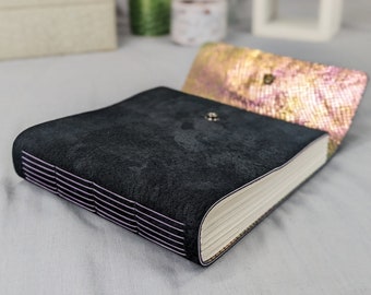 Black Suede Sketchbook With Secret Shiny Rainbow Leather Interior and Snap Closures