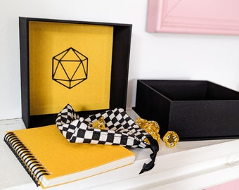 Black and Yellow Dice Box with Notebook, Set of 7 Dice and Drawstring Bag