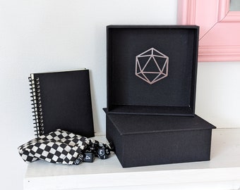 Black Dice Box with Silver d20 Print, Notebook, Set of 7 Dice and Black and White Checkerboard Drawstring Bag