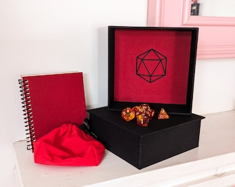 Black and Red Dice Box with  d20 Print, Notebook, Set of 7 Dice and Drawstring Bag