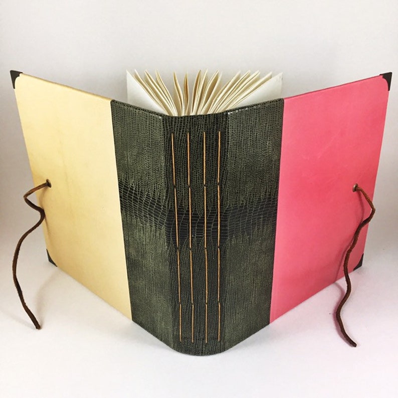 Watercolour Sketchbook in Pink, Cream and Olive Green Leathers, Leather Strap Closure and Metal Corners