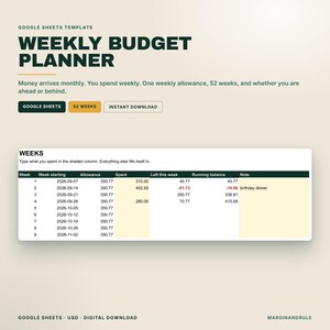 Weekly Budget Planner Google Sheets | 52 Week Spending Allowance Tracker with Running Balance | Simple Budget Spreadsheet | Instant Download