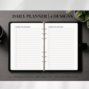 Könnte beinhalten: Ein offener Tagesplaner mit einer Sechs-Ring-Bindemechanik aus Metall. Die weißen Seiten zeigen ein Rasterlayout mit stündlichen Zeitfenstern von 7 bis 21 Uhr. Der Text DAILY PLANNER | 4 DESIGNS und A5 | DIGITAL PLANNER | PRINTABLE PDF ist sichtbar.