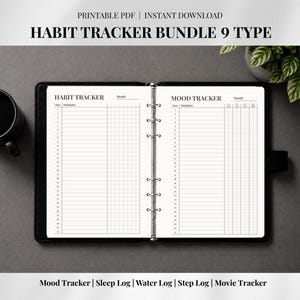 Habit Tracker Bundle 9 Types | Mood Sleep Water Step Movie Tracker Printable | A4 A5 US Letter | Binder Planner Insert PDF