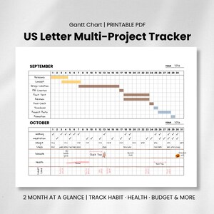 Peut inclure: Un tableau de suivi de projets multiples au format US Letter pour septembre et octobre 2024. Le document présente un diagramme de Gantt avec des barres colorées et une grille de suivi des habitudes, de la santé et du budget avec des notes.
