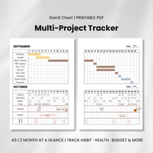 Può includere: Un diagramma di Gantt in PDF stampabile per il monitoraggio di progetti multipli su due pagine. Il layout include griglie mensili per settembre e ottobre con elenchi di attività, barre di avanzamento in giallo, marrone e blu.