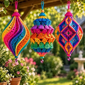 Boho Crochet Hanging Ornament Patterns, Colorful Garden Decor (Digital Download)