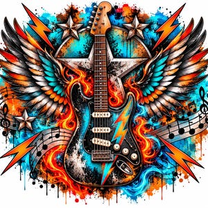 Puede incluir: Una guitarra eléctrica centrada frente a una estrella grande, flanqueada por alas extendidas. El diseño presenta llamas vibrantes en naranja y azul, rayos y notas musicales sobre un pentagrama, todo sobre un fondo de salpicaduras de pintura.