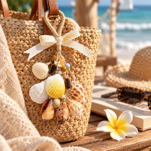 Puede incluir: Un bolso de paja trenzada con un colgante decorativo hecho de varias conchas marinas, pequeñas cuentas de madera y una cinta de color crema con texto dorado. El colgante está sujeto al asa de cuero marrón del bolso de paja texturizada.