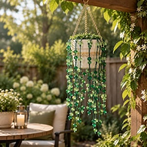 May include: A white ceramic hanging planter with a gold rim, suspended by a gold-toned metal chain. The planter features numerous long, dangling strands of dark and light green glass beads that cascade downward, mimicking the look of a trailing plant.