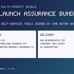 May include: A digital graphic with a dark blue gradient background featuring white pixelated text. The title reads Web Launch Assurance Bundle. It lists included tools like UTM Link QA Kit and delivery details including one deterministic zip.