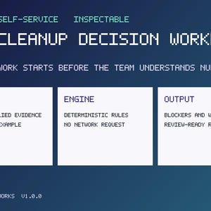 May include: A digital graphic titled CSV CLEANUP DECISION WORKBOOK with a dark blue gradient background. It features three white rectangular boxes labeled INPUT, ENGINE, and OUTPUT, each containing specific text lists regarding data processing steps.