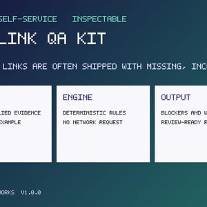 May include: A digital graphic titled UTM LINK QA KIT with a dark blue to teal gradient background. It features three white rectangular boxes labelled INPUT, ENGINE, and OUTPUT, each containing bulleted text describing a technical workflow process.
