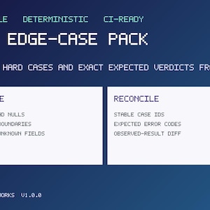Op de afbeelding: Een donkerblauwe digitale afbeelding met witte pixeltekst met de tekst DATA EDGE-CASE PACK, EXECUTABLE, DETERMINISTIC, CI-READY en GENERATE HARD CASES AND EXACT EXPECTED VERDICTS FROM A BOU. Twee witte vakken tonen de functies.