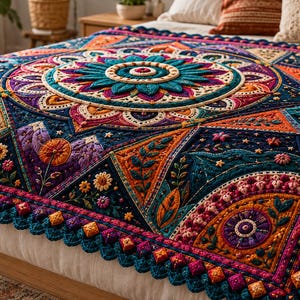 Op de afbeelding: Een veelkleurige gehaakte deken met een groot centraal mandaladesign omringd door complexe geometrische panelen. Het textiel toont levendige tinten blauwgroen, oranje, paars en roze met verhoogde geborduurde bloem- en bladdetails.
