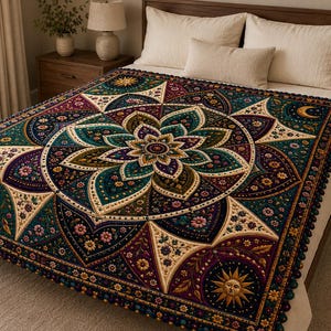 Op de afbeelding: Een rechthoekige sprei met een groot centraal mandalapatroon in tinten dieppaars, teal en goud. Het ontwerp bevat bloemmotieven, maansikkels en een zongezicht, afgewerkt met een donkere decoratieve pomponrand langs de zijkanten.