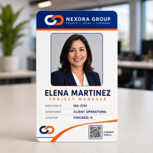 May include: A rectangular Nexora Group employee identification badge featuring a portrait of Elena Martinez, Project Manager. The card displays the employee ID NG-2741, Client Operations department, Chicago, IL location, and a QR code for the company portal.