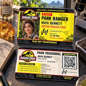 May include: Two rectangular Jurassic Park staff identification cards featuring the InGen logo, the Jurassic Park dinosaur silhouette, and the name Maya Bennett. The cards display yellow and white backgrounds with black text, a QR code, and field protocols.